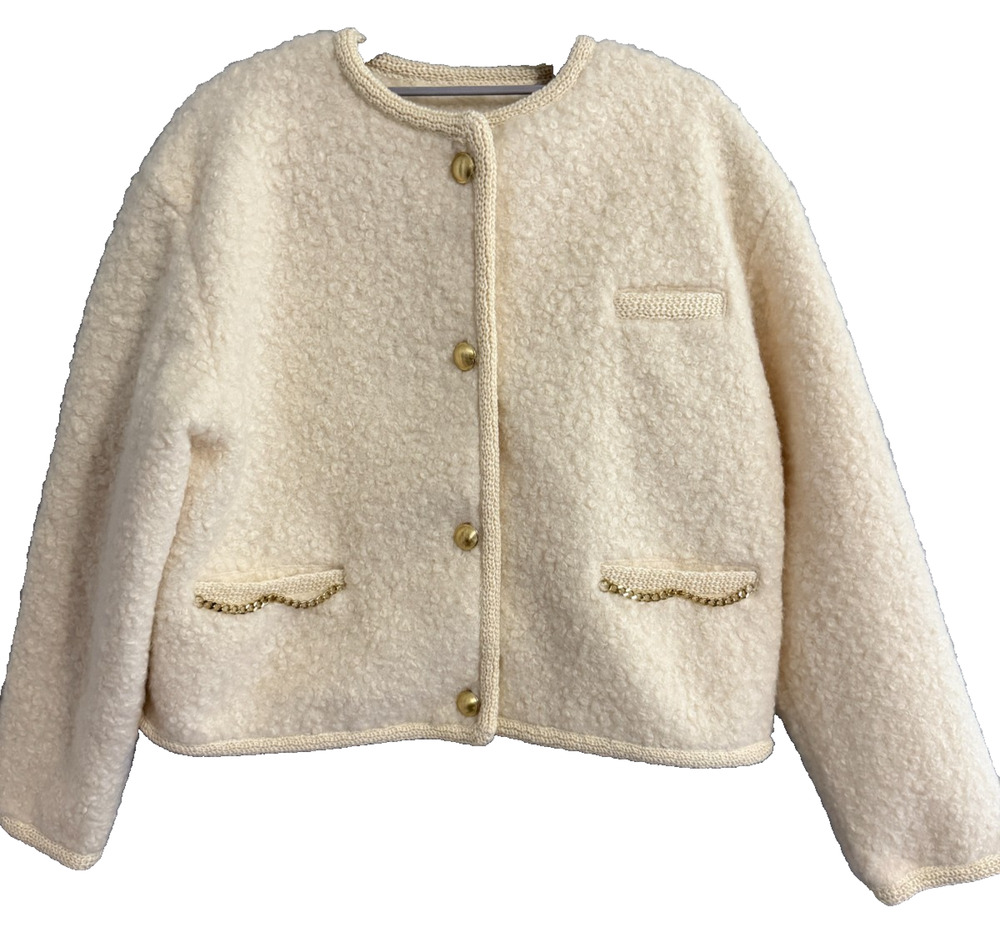 NWT Future Collective Cream Boucle Jacket Gold Buttons Chain Trim Jacket S